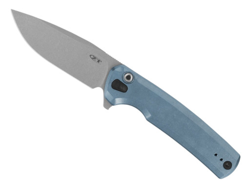 Zero Tolerance 0044BLU Sprint Run folding knife with flipper tab - shown open presentation side.  Stonewashed S90V stainless steel plain edge blade.  Anodized blue titanium handle with button lock.  Model 0044BLU.