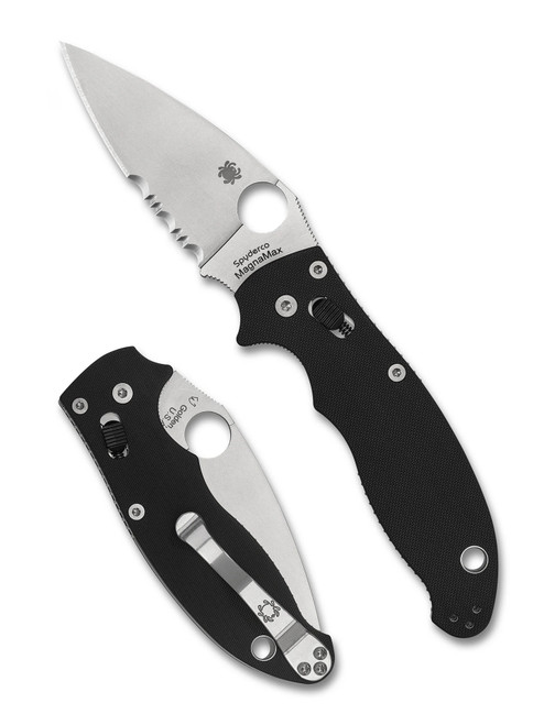 Spyderco Manix 2 folding knife with thumb hole - shown opened presentation side and closed pocket clip side.  MagnaMax stainless steel combo edge blade.  Black G-10 handle.  Model C101GPS2.