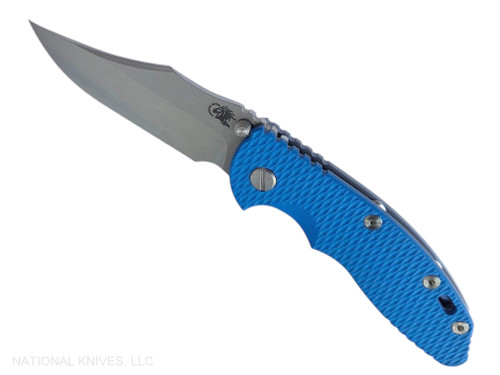 Rick Hinderer Knives Non Flipper XM-18 3.5" Bowie folding knife with thumb stud - shown open presentation side.  Stonewashed MagnaCut stainless steel plain edge blade.  Blue G-10 handle with Bead Blast Blue lock side.  Model KXM35NFBO.