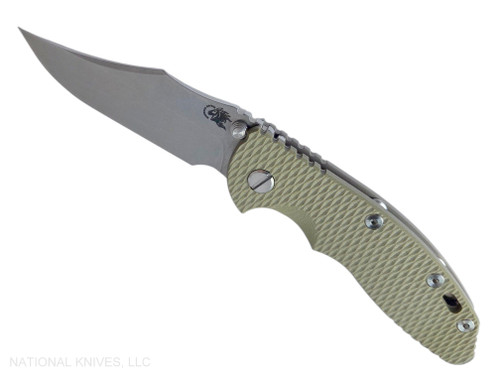 Rick Hinderer Knives Non Flipper XM-18 3.5" Bowie folding knife with thumb stud - shown open presentation side.  Stonewashed MagnaCut stainless steel plain edge blade.  OD green G-10 handle with Bead Blast Bronze lock side.  Model KXM35NFBO.