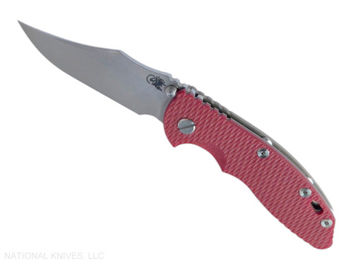 Rick Hinderer Knives Non Flipper XM-18 3.5" Bowie folding knife with thumb stud - shown open presentation side.  Stonewashed MagnaCut stainless steel plain edge blade.  Red G-10 handle with Bead Blast Bronze lock side.  Model KXM35NFBO.
