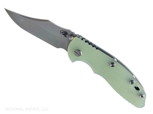 Rick Hinderer Knives Non Flipper XM-18 3.5" Bowie folding knife with thumb stud - shown open presentation side.  Stonewashed MagnaCut stainless steel plain edge blade.  Translucent Green G-10 handle with Bead Blast Green lock side.  Model KXM35NFBO.