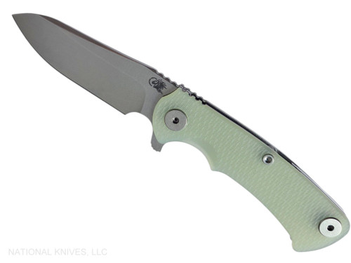 Rick Hinderer Knives Project X Sheepsfoot folding knife with flipper tab - shown open presentation side.  Stonewash MagnaCut stainless steel plain edge blade.  Translucent Green G-10 handle with stonewashed lock side.  Model KPXSHF.