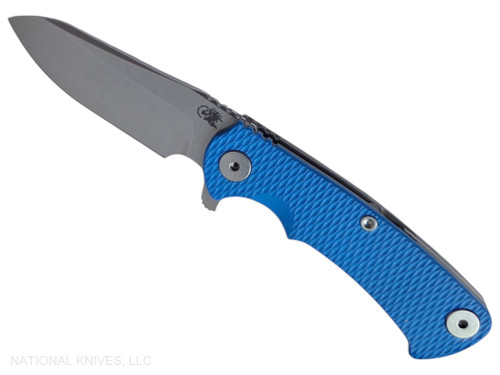 Rick Hinderer Knives Project X Sheepsfoot folding knife with flipper tab - shown open presentation side.  Stonewash MagnaCut stainless steel plain edge blade.  Blue G-10 handle with Working Finish lock side.  Model KPXSHF.