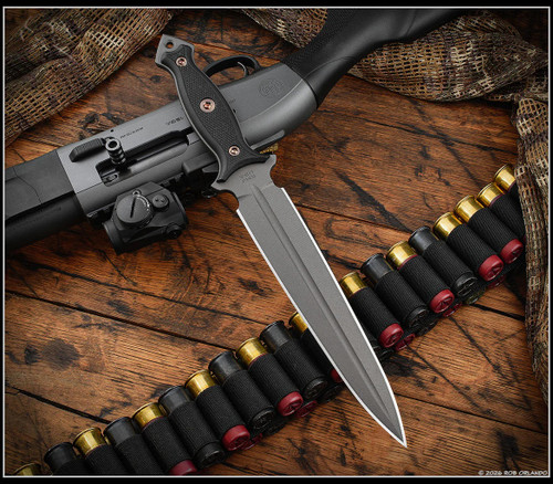 RMJ Tactical Nightshade Dagger - out of sheath obverse shown.  Tungsten Cerakote 3V steel plain edge blade.  Black G-10 handle scales.  Model K-NS-3V-TU-BK.