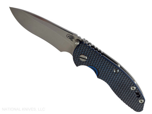 Rick Hinderer Knives Non Flipper XM-18 3.5" Recurve folding knife with thumb stud - shown open presentation side.  Stonewashed MagnaCut stainless steel plain edge blade.  Blue - black G-10 handle with stonewashed lock side.  Model KXM35NFREC.