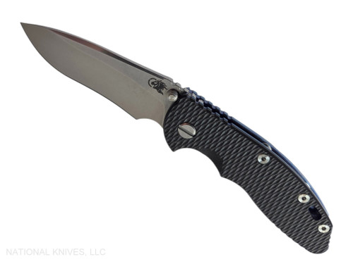 Rick Hinderer Knives Non Flipper XM-18 3.5" Recurve folding knife with thumb stud - shown open presentation side.  Stonewashed MagnaCut stainless steel plain edge blade.  Black G-10 handle with stonewashed blue lock side.  Model KXM35NFREC.