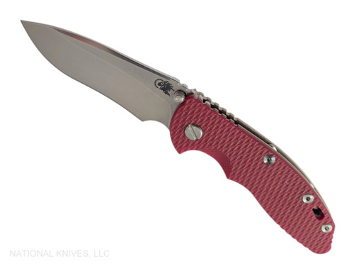 Rick Hinderer Knives Non Flipper XM-18 3.5" Recurve folding knife with thumb stud - shown open presentation side.  Stonewashed MagnaCut stainless steel plain edge blade.  Red G-10 handle with stonewashed bronze lock side.  Model KXM35NFREC.