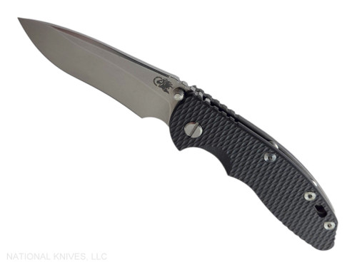 Rick Hinderer Knives Non Flipper XM-18 3.5" Recurve folding knife with thumb stud - shown open presentation side.  Stonewashed MagnaCut stainless steel plain edge blade.  Black G-10 handle with Working Finish lock side.  Model KXM35NFREC.