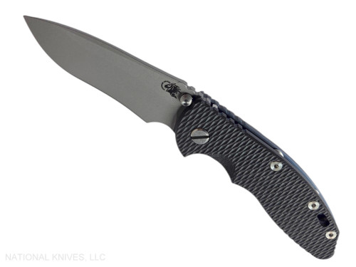 Rick Hinderer Knives Non Flipper XM-18 3.5" Recurve folding knife with thumb stud - shown open presentation side.  Working Finish MagnaCut stainless steel plain edge blade.  Black G-10 handle with Battle Blue lock side.  Model KXM35NFREC.