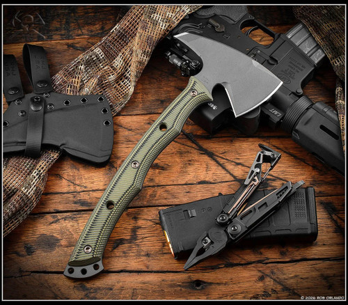 RMJ Tactical Storm Crow tomahawk - shown out of sheath reverse.  Tungsten Cerakote 80CRV2 steel plain edge head.  Dirty Olive G-10 handle.  Model T-SC-TU-DO.