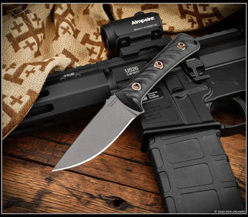 RMJ Tactical Utsidihi fixed blade knife - shown out of sheath reverse.  Tungsten Cerakote MagnaCut stainless steel plain edge blade.  Black G-10 handle.  Model K-UT-MC-TU-BK.