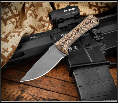 RMJ Tactical Utsidihi fixed blade knife - shown out of sheath reverse.  Tungsten Cerakote MagnaCut stainless steel plain edge blade.  Hyena Brown G-10 handle.  Model K-UT-MC-TU-HB.