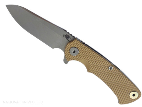 Rick Hinderer Knives Project X Sheepsfoot folding knife with flipper tab - shown open presentation side.  Stonewash MagnaCut stainless steel plain edge blade.  Coyote G-10 handle with stonewash lock side.  Model KPXSHF.