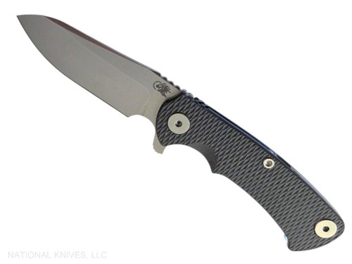 Rick Hinderer Knives Project X Sheepsfoot folding knife with flipper tab - shown open presentation side.  Stonewash MagnaCut stainless steel plain edge blade.  Black G-10 handle with stonewash blue lock side.  Model KPXSHF.