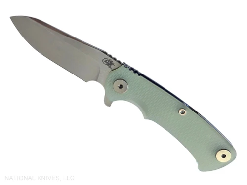 Rick Hinderer Knives Project X Sheepsfoot folding knife with flipper tab - shown open presentation side.  Stonewash MagnaCut stainless steel plain edge blade.  Translucent Green G-10 handle with stonewash blue lock side.  Model KPXSHF.