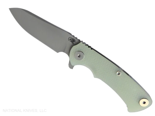 Rick Hinderer Knives Project X Sheepsfoot folding knife with flipper tab - shown open presentation side.  Working Finish MagnaCut stainless steel plain edge blade.  Translucent Green G-10 handle with Working Finish lock side.  Model KPXSHF.