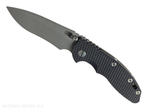 Rick Hinderer Knives Non Flipper XM-18 3.5" Recurve folding knife with thumb stud - shown open presentation side.  Working Finish MagnaCut stainless steel plain edge blade.  Black G-10 handle with Battle Bronze lock side.  Model KXM35NFREC.