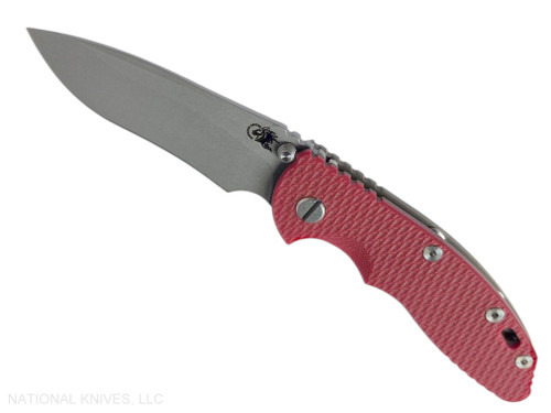 Rick Hinderer Knives Non Flipper XM-18 3.5" Recurve folding knife with thumb stud - shown open presentation side.  Working Finish MagnaCut stainless steel plain edge blade.  Red G-10 handle with Battle Bronze lock side.  Model KXM35NFREC.