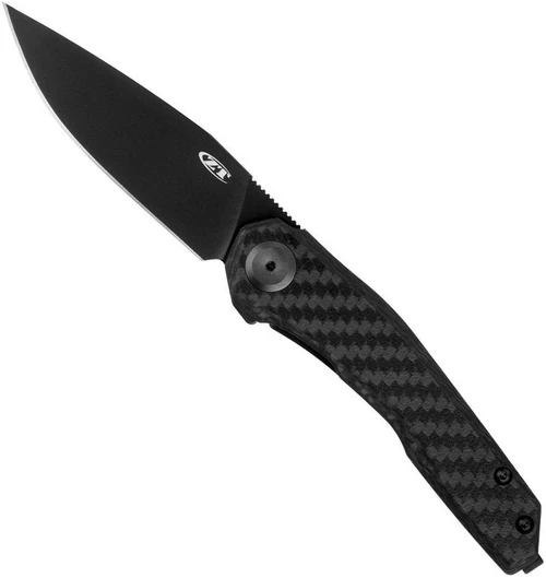 Zero Tolerance 0545BLK folding knife with flipper tap - open - logo side.  Black 3.2" MagnaCut stainless steel plain edge blade.  Black carbon fiber handle with a black titanium lock side.  Model 0545BLK.