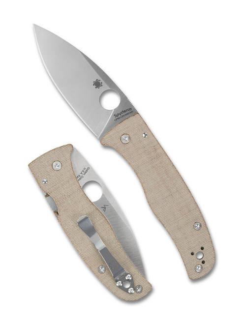 Spyderco Bodacious folding knife with thumb hole - shown open presentation side and closed pocket clip side.  Satin Cru-Wear steel plain edge blade.  Brown Canvas Micarta handle.  Model C263MPCW.