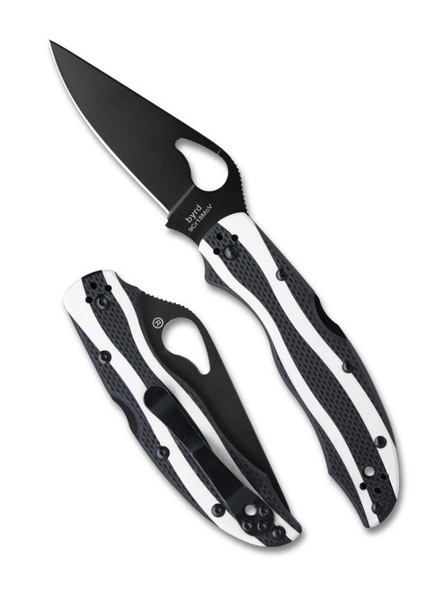 Byrd Knives Magpie folding knife with thumb slot - shown both open presentation side and closed pocket clip side.  Black 9Cr18MoV stainless steel plain edge blade.  Black and white G-10 handle.  Model BY25GPBK.