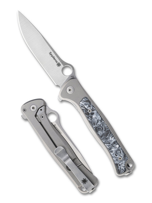 Spyderco Thyn folding knife with thumb hole and flipper tab - shown open presentation side and closed pocket clip side.  Satin M390 stainless steel plain edge blade.  Titanium and carbon fiber handle.  Model C279TIP.