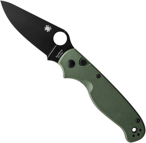 Spyderco ButtonUp folding knife with thumb hole - shown open presentation side.  Black 8Cr13MoV stainless steel plain edge blade.  OD green G-10 handle.  Model C275GPGRBK.