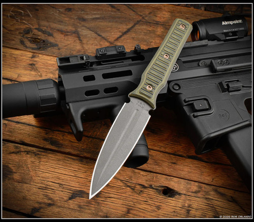 RMJ Tactical Orlando Special fixed blade knife - shown out of sheath reverse with sheath aside it.  Tungsten Cerakote CPM-3V stainless steel plain double edge blade.  Dirty Olive G-10 handle.  Model K-OS-3V-TU-DO.