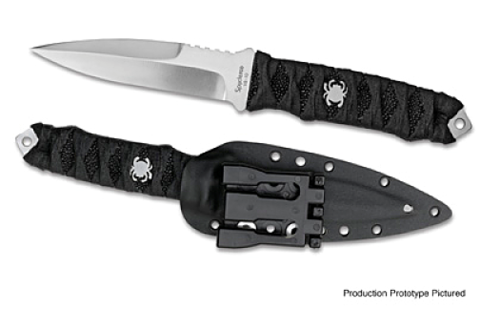 Spyderco Kumo fixed blade knife - shown out of sheath reverse and in sheath obverse.  Satin VG-10 stainless steel plain edge blade.  Black cord wrapped handle.  Model FB11P.
For reference only.