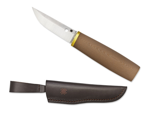 Spyderco Puukko fixed blade knife - shown out of sheath reverse and in sheath obverse.  Satin S30V stainless steel plain edge blade.  Brown G-10 handle.  Model FB28GPBN.
For reference only.