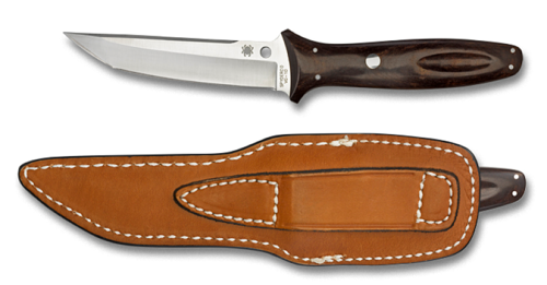 Spyderco Lum Tanto Sprint Run fixed blade knife - shown out of sheath obverse and in sheath obverse.  Satin VG-10 stainless steel plain edge blade.  Burgundy Paperstone handle.  Model FB03BRGP.
For reference only.