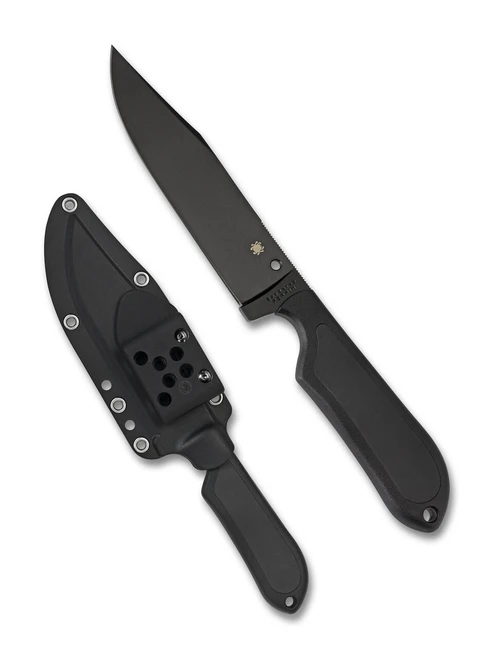 Spyderco Street Bowie fixed blade knife - shown out of sheath obverse and in sheath obverse.  Black VG-10 stainless steel plain edge blade.  Black FRN handle with Kraton inserts.  Model FB04PBB.