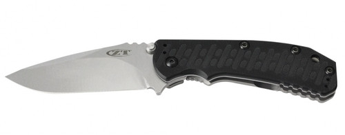 Zero Tolerance 0550 folding knife with flipper tab - open - logo side.  Stonewashed 3.5" S35VN stainless steel plain edge blade.  Black G-10 handle with a titanium lock side.  Model 0550.
For reference only.