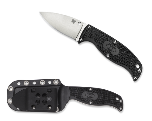 Spyderco Enuff Leaf fixed blade knife - shown out of sheath reverse and in sheath reverse.  Satin VG-10 stainless steel plain edge blade.  Black FRN handle.  Model FB31PBK.
For reference only.