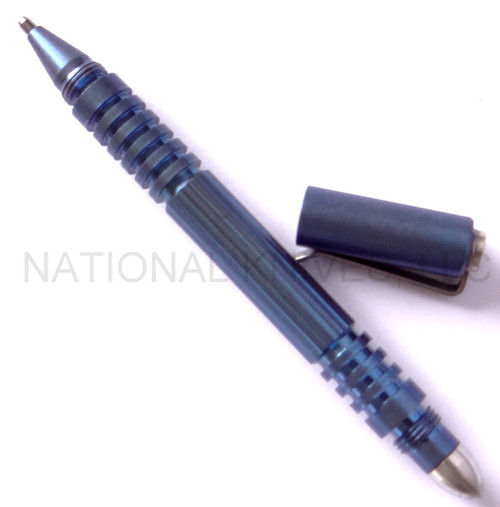 Rick HInderer Knives Investigator ink pen - shown with cap off.  Stonewash blue titanium body.