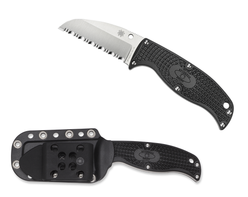Spyderco Enuff Sheepsfoot fixed blade knife - shown out of sheath reverse and in sheath reverse.  Satin VG-10 stainless steel serrated edge blade.  Black FRN handle.  Model FB31SBK.
For reference only.
