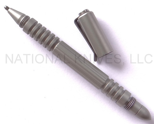 Rick Hinderer Knives Investigator ink pen - shown with cap off.  Stonewash stainless steel construction.  Model P5801002TD.