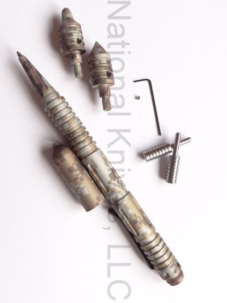 Rick Hinderer Knives Modular Kubaton ink pen set - shown cap off with accessories.  Desert Camo aluminum construction.  
For reference only.