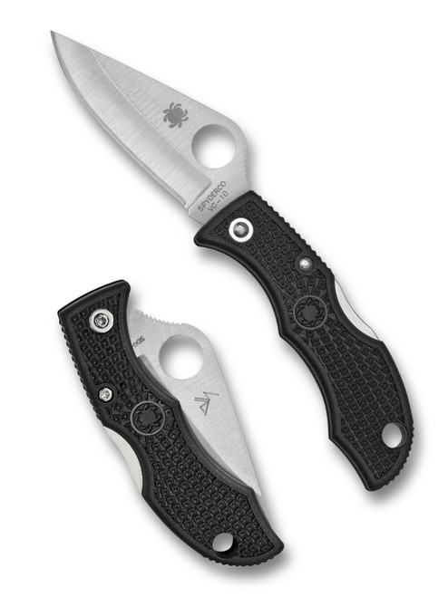 Spyderco Ladybug 3 folding knife with thumb hole - shown open obverse and closed reverse.  Satin VG-10 stainless steel plain edge blade.  Black FRN handle.  Model LBKP3.