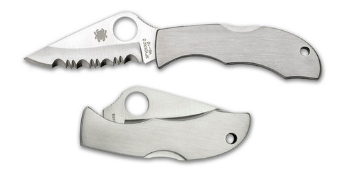 Spyderco Ladybug 3 folding knife with thumb hole - shown open obverse and closed reverse.  Satin VG-10 stainless steel serrated edge blade.  Stainless steel handle.  Model LSSS3.
For reference only.