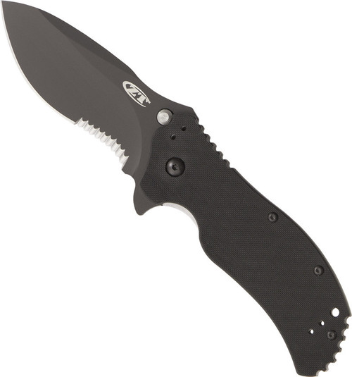 Zero Tolerance 0350ST assisted opening folding knife with flipper tab - open - logo side.  Black coated 3.25" S30V stainless steel partially serrated edge blade.  Black G-10 handle.  Model 0350ST.
For reference only.