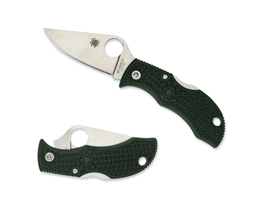 Spyderco Manbug folding knife with thumb hole - shown open obverse and closed reverse.  Satin ZDP-189 steel plain edge blade.  British Racing Green FRN handle.  Model MGREP.
For reference only.