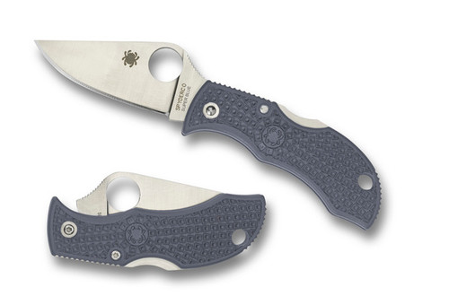 Spyderco Sprint Run Manbug folding knife with thumb hole - shown open obverse and closed reverse.  Satin Super Blue and 420J1 laminate steel plain edge blade.  Gray FRN handle.  Model MGYPE.
For reference only.
