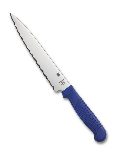 Spyderco Culinary Kitchen Utility Knife - obverse shown.  Satin MBS-26 stainless steel serrated edge blade.  Blue Polypropylene handle.  Model K04SBL.