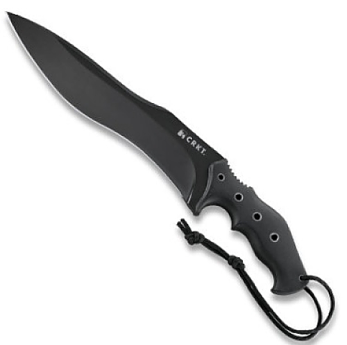 CRKT Redemption fixed blade knife - shown out of sheath obverse.  Black O1 steel plain edge blade.  Black G-10 handle.  Model K100KKP.