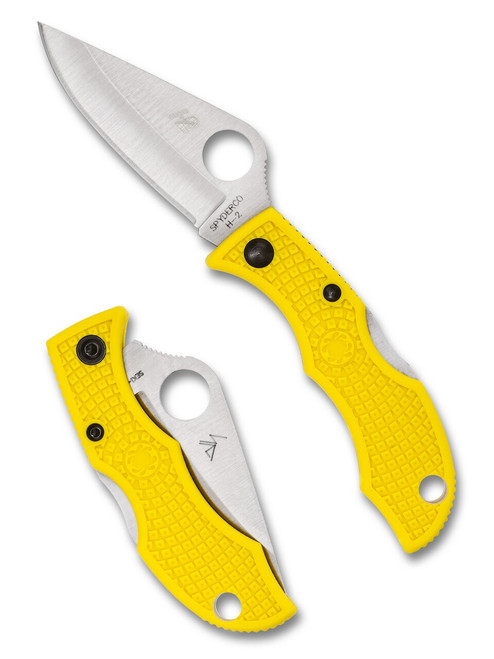 Spyderco Ladybug 3 Salt folding knife with thumb hole - shown open obverse and closed reverse.  Satin H-2 stainless steel plain edge blade.  Yellow FRN handle.  Model LYLP3.