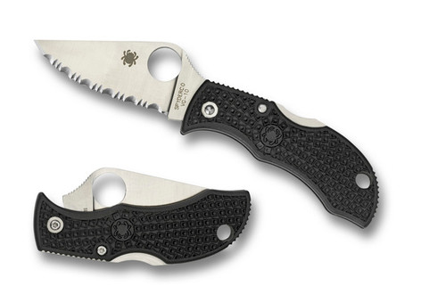 Spyderco Manbug folding knife with thumb hole - shown open obverse and closed reverse.  Satin VG-10 stainless steel serrated edge blade.  Black FRN handle.  Model MBKS.
For reference only.