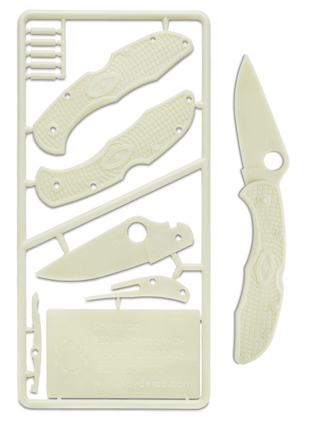 Spyderco Delica 4 plastic knife model kit - shown ready to assemble out of package and assembled.  Glow in the Dark.  Model PLKIT1.