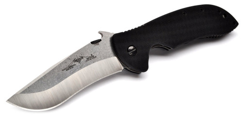 Emerson Knives Super Commander SF folding knife with thumb disk and Emerson Wave opener - shown open presentation side.  Satin 154CM stainless steel plain edge blade.  Black G-10 handle.  Model S-COMM-SF.
